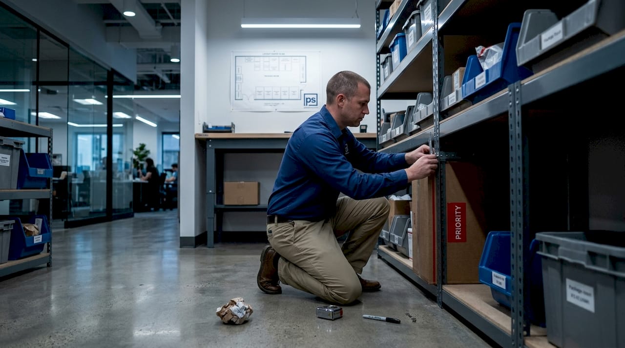 Technician adjusts shelving in package storage room