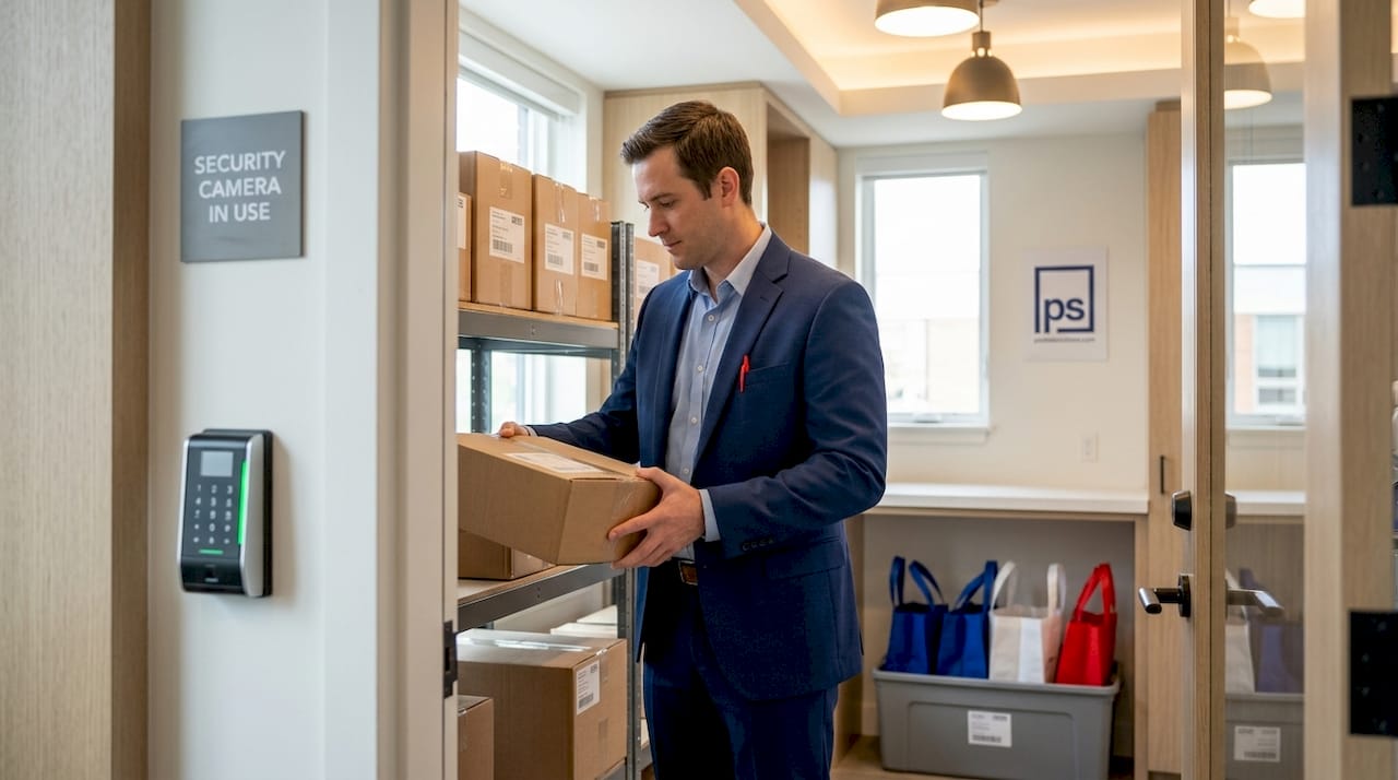 Resident retrieving parcel in monitored package room
