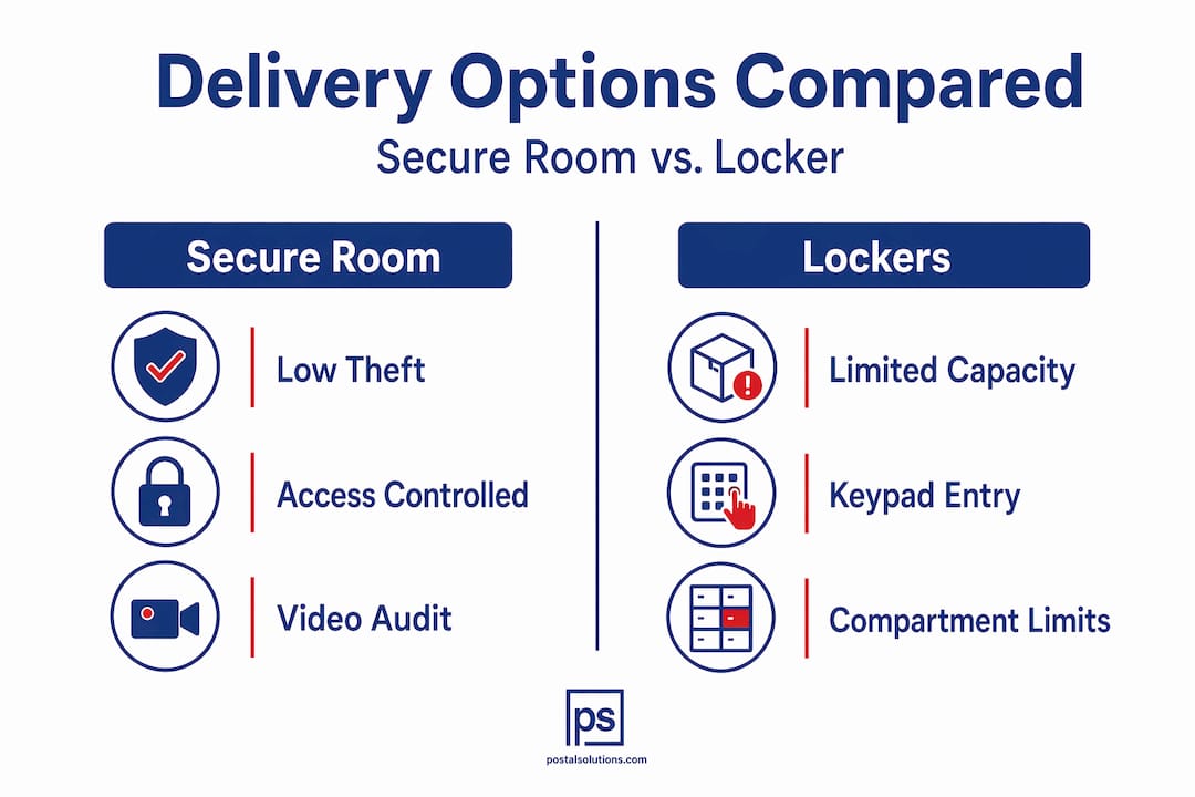 Infographic comparing secure rooms and lockers for packages