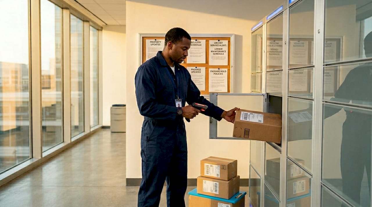 Worker loading parcels into electronic lockers