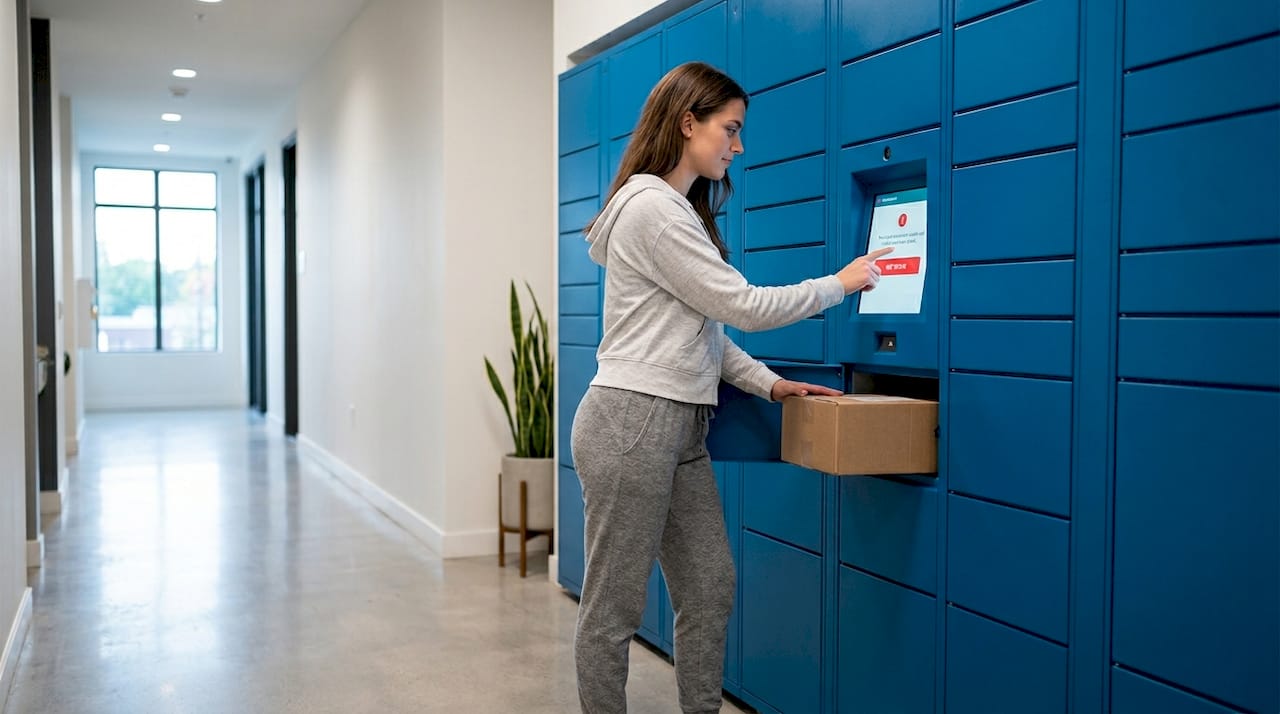 Resident retrieving package from modular locker
