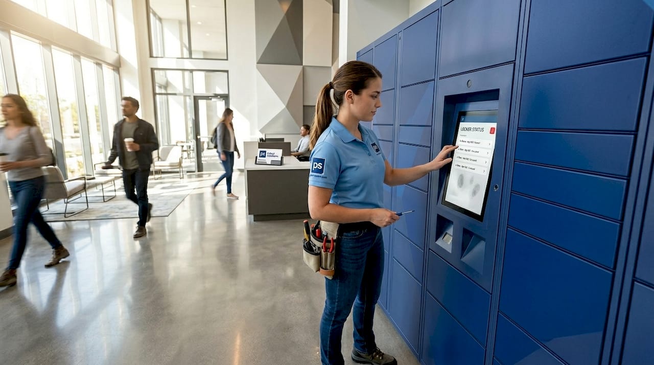 Technician maintaining smart lockers in hallway