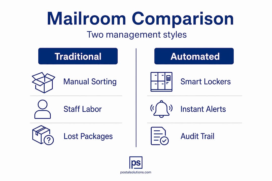 Infographic comparing traditional versus automated mailrooms