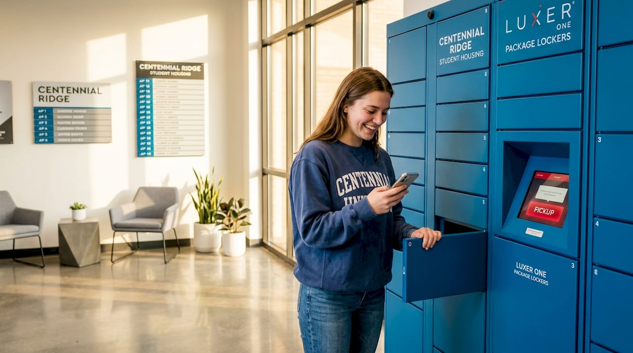Student retrieving package from apartment lockers