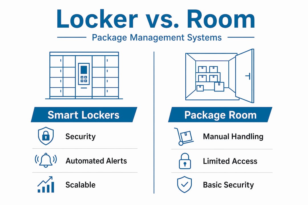 Infographic comparing lockers and package rooms