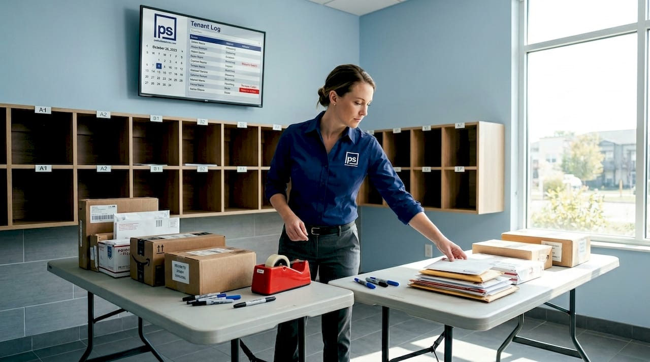 Staff sorting packages in apartment mailroom