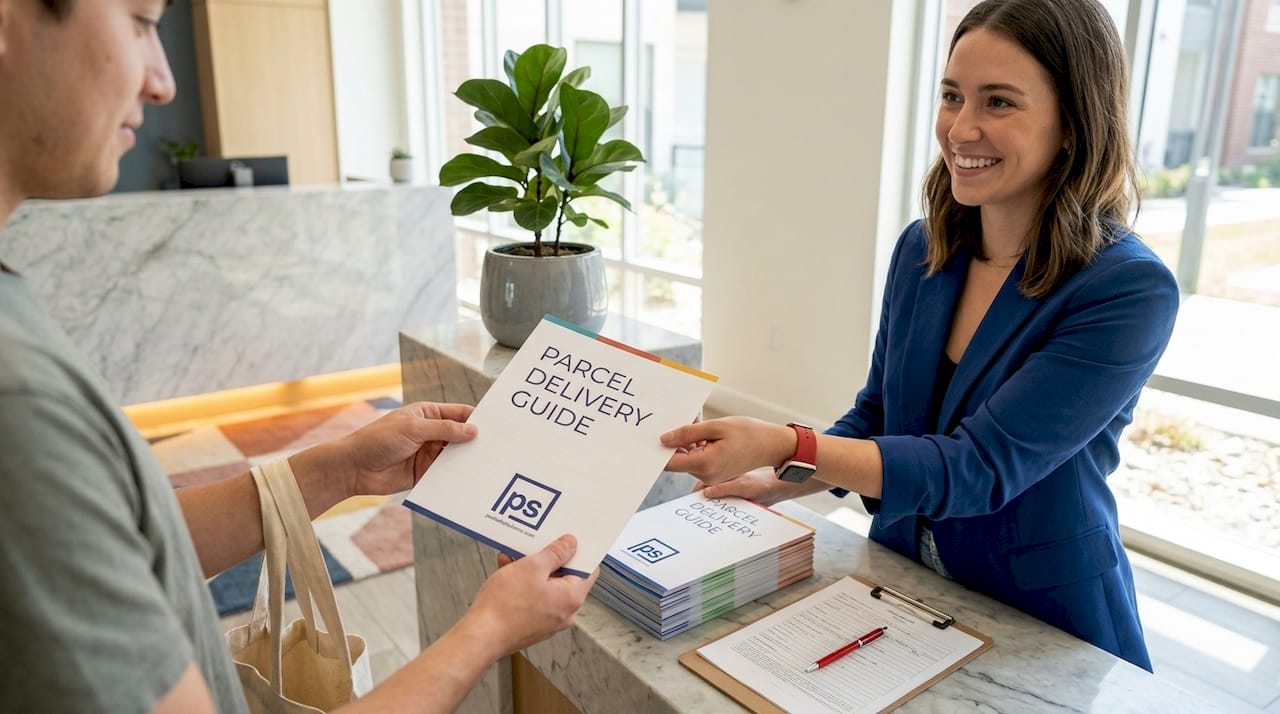 Leasing agent giving parcel guide to resident