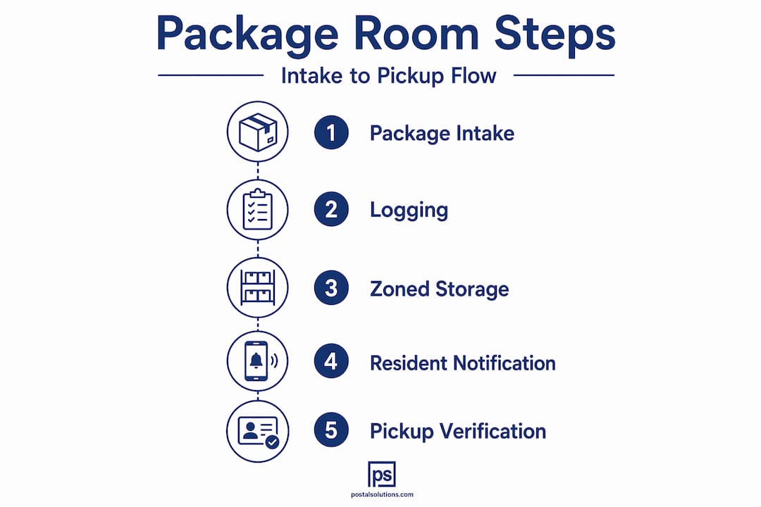 Infographic with numbered steps for package room process