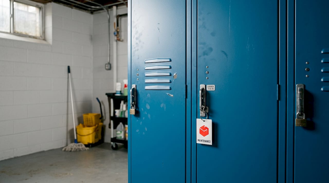 Powder-coated steel single door lockers close up