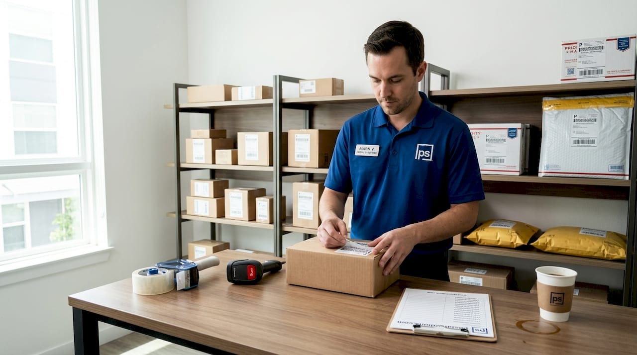 Apartment package room attendant sorting parcels