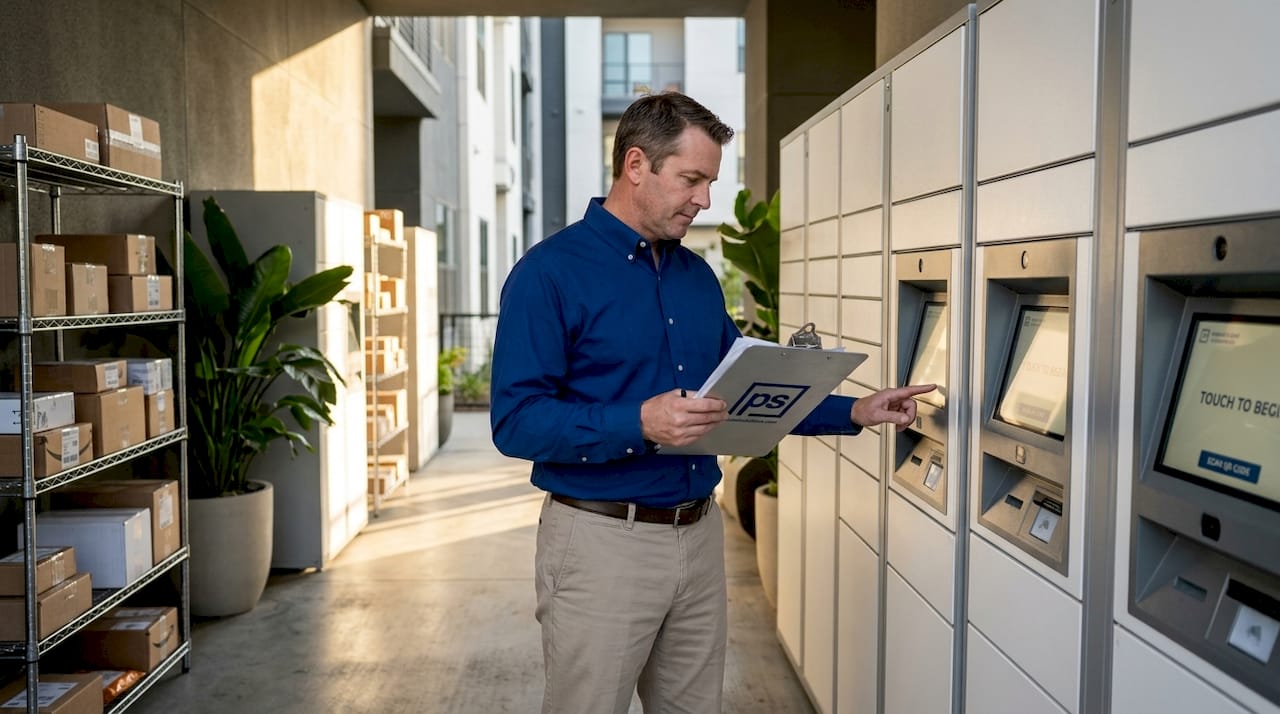 Property manager inspecting apartment package lockers