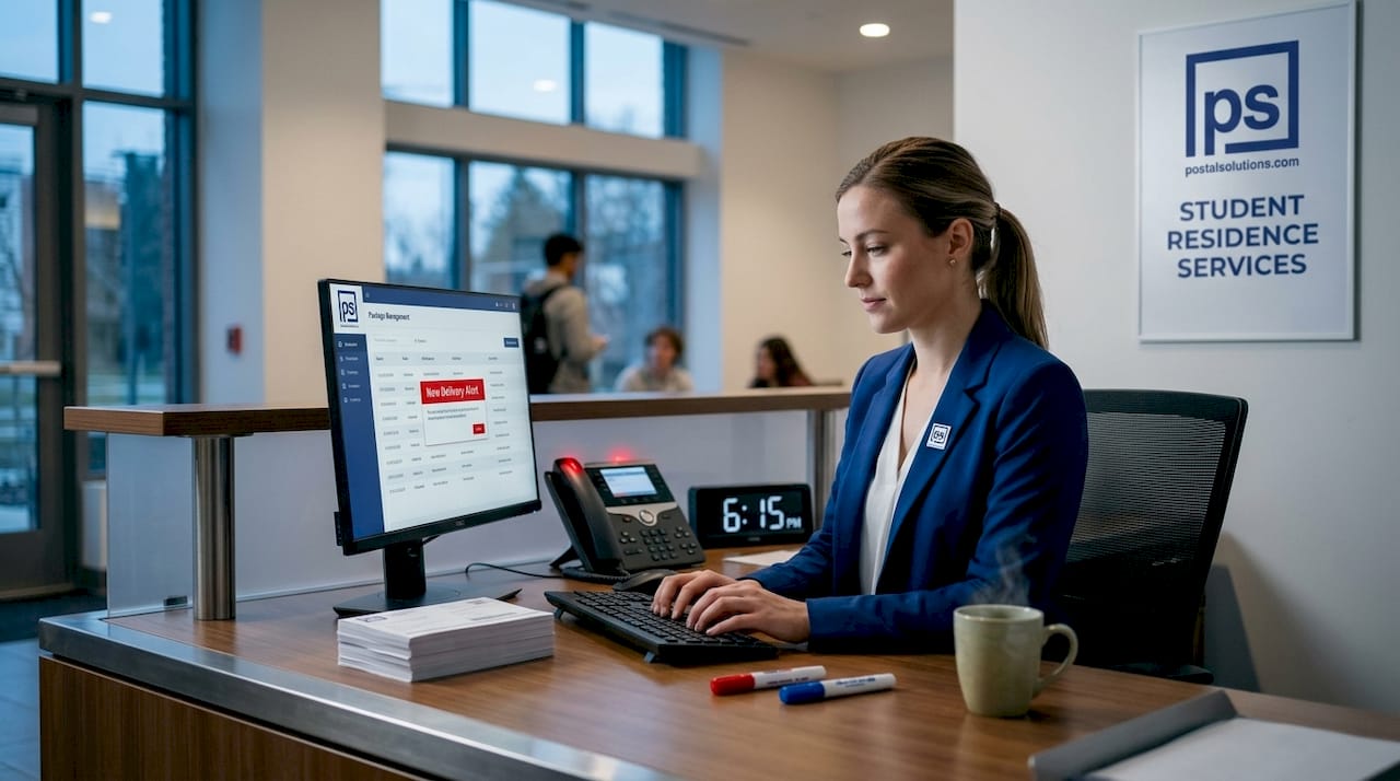 Front desk staff managing student packages at reception