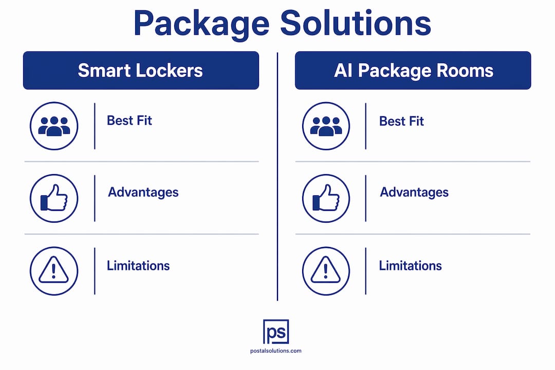 Infographic comparing smart lockers and AI package rooms