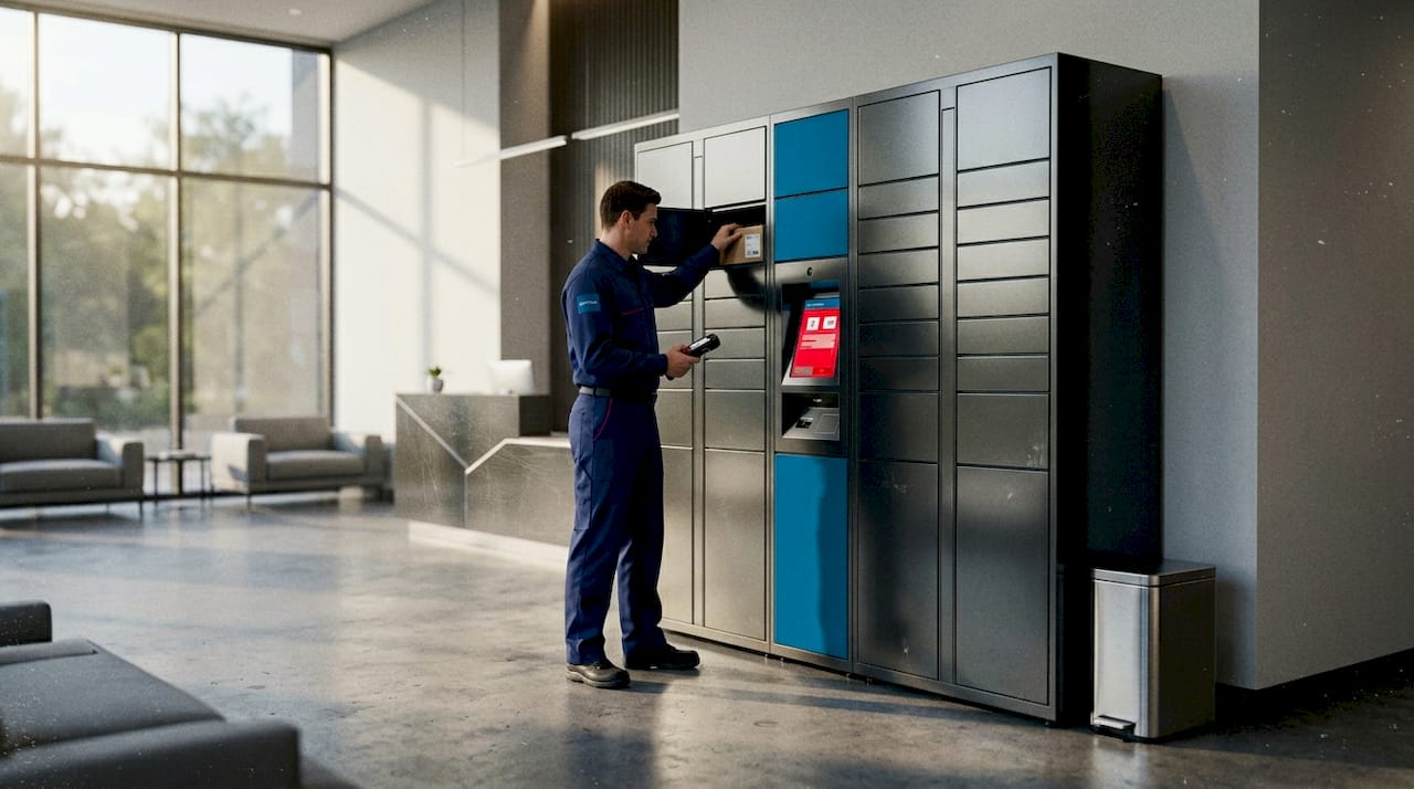 Smart lockers with package scanning in apartment lobby