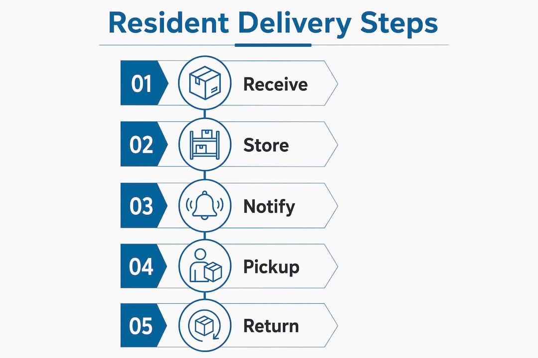 Infographic showing five key steps in resident delivery process