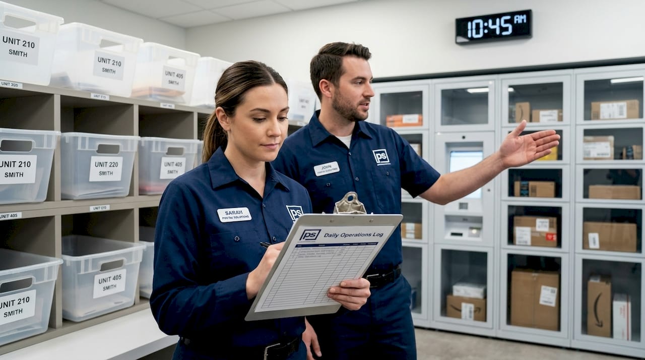 Mailroom staff reviewing daily operations log together