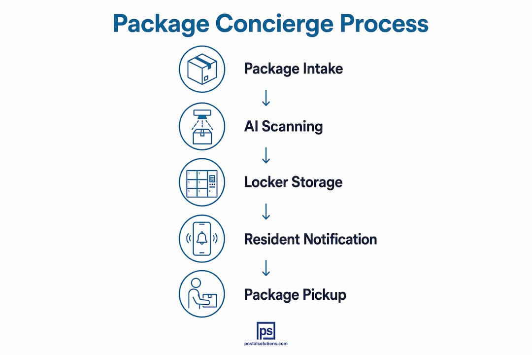 Infographic illustrating package concierge workflow steps