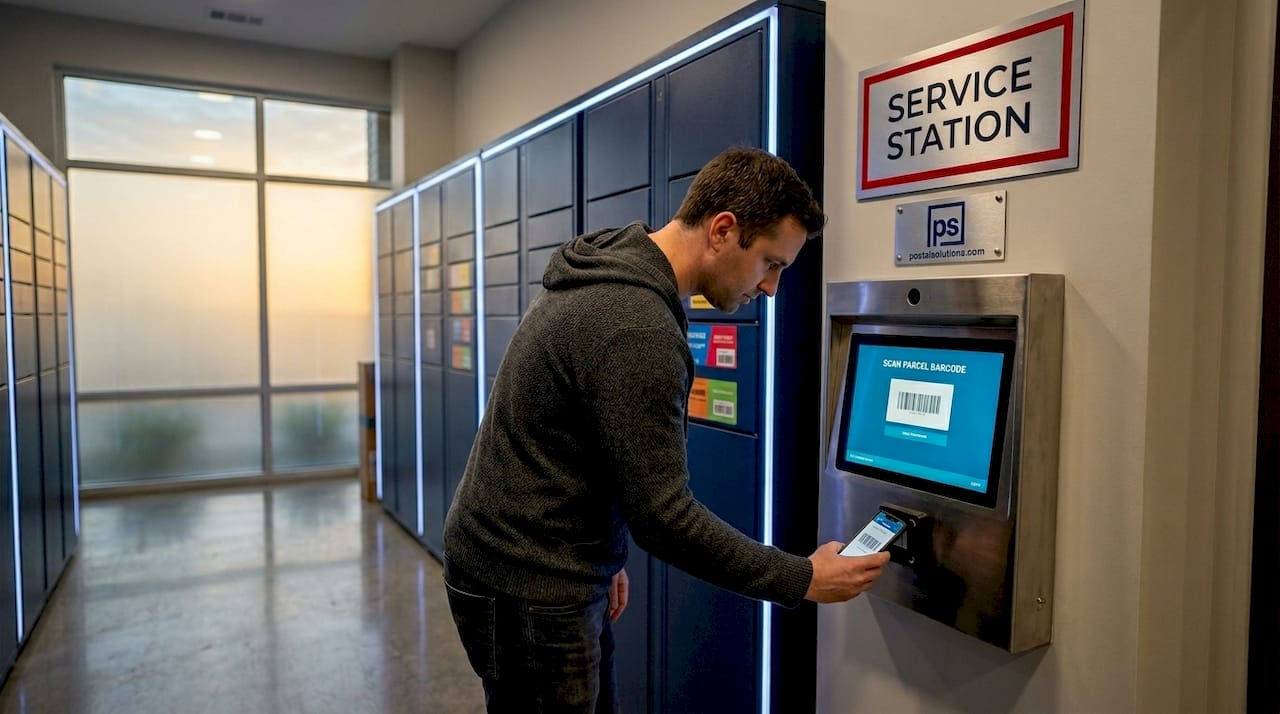 Resident retrieving package from smart locker system