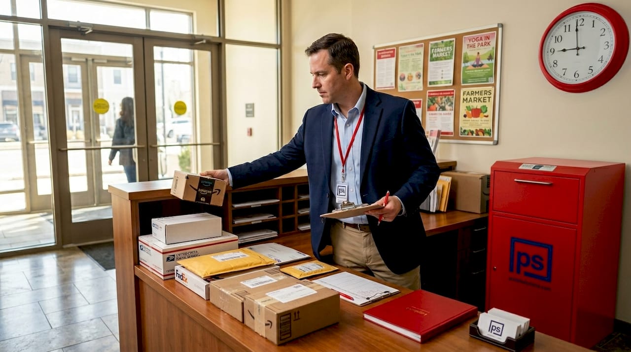 Apartment manager organizing resident packages