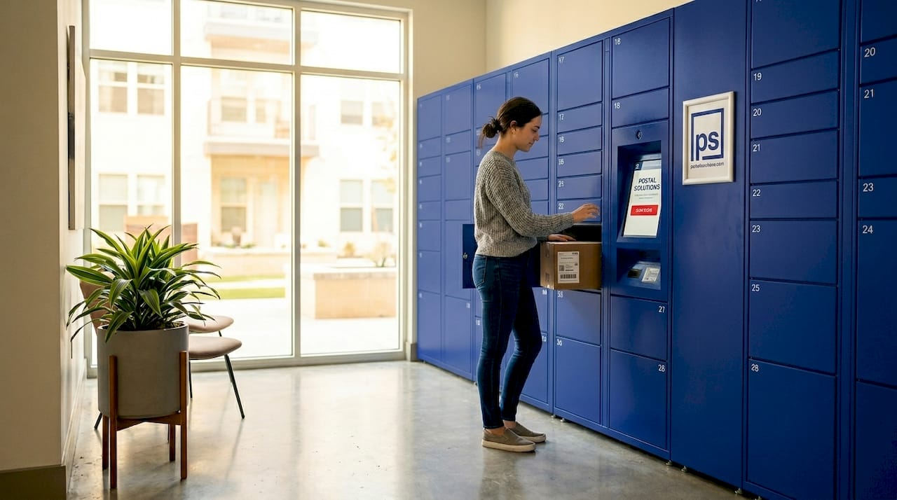 Resident interacting with onsite package lockers inside