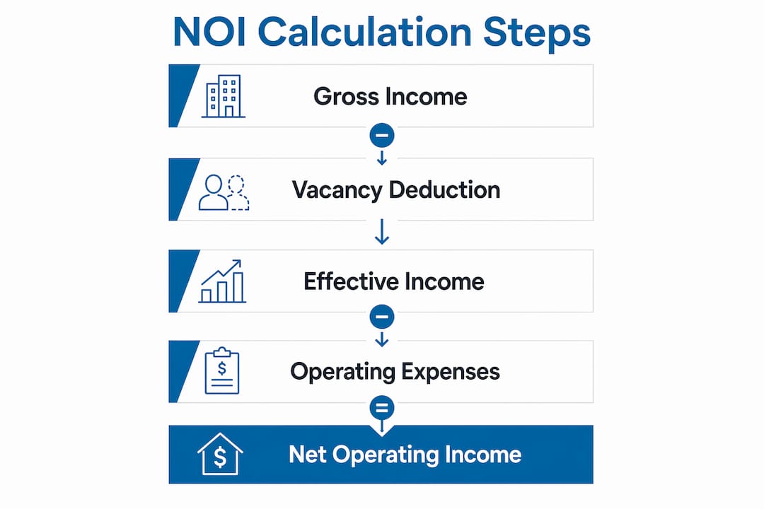 Infographic showing steps to calculate apartment NOI