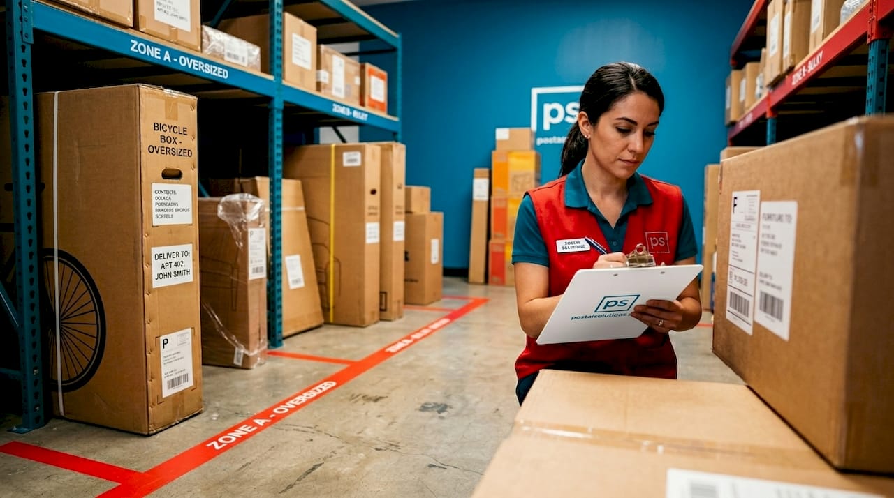 Package room with oversized parcel storage zones