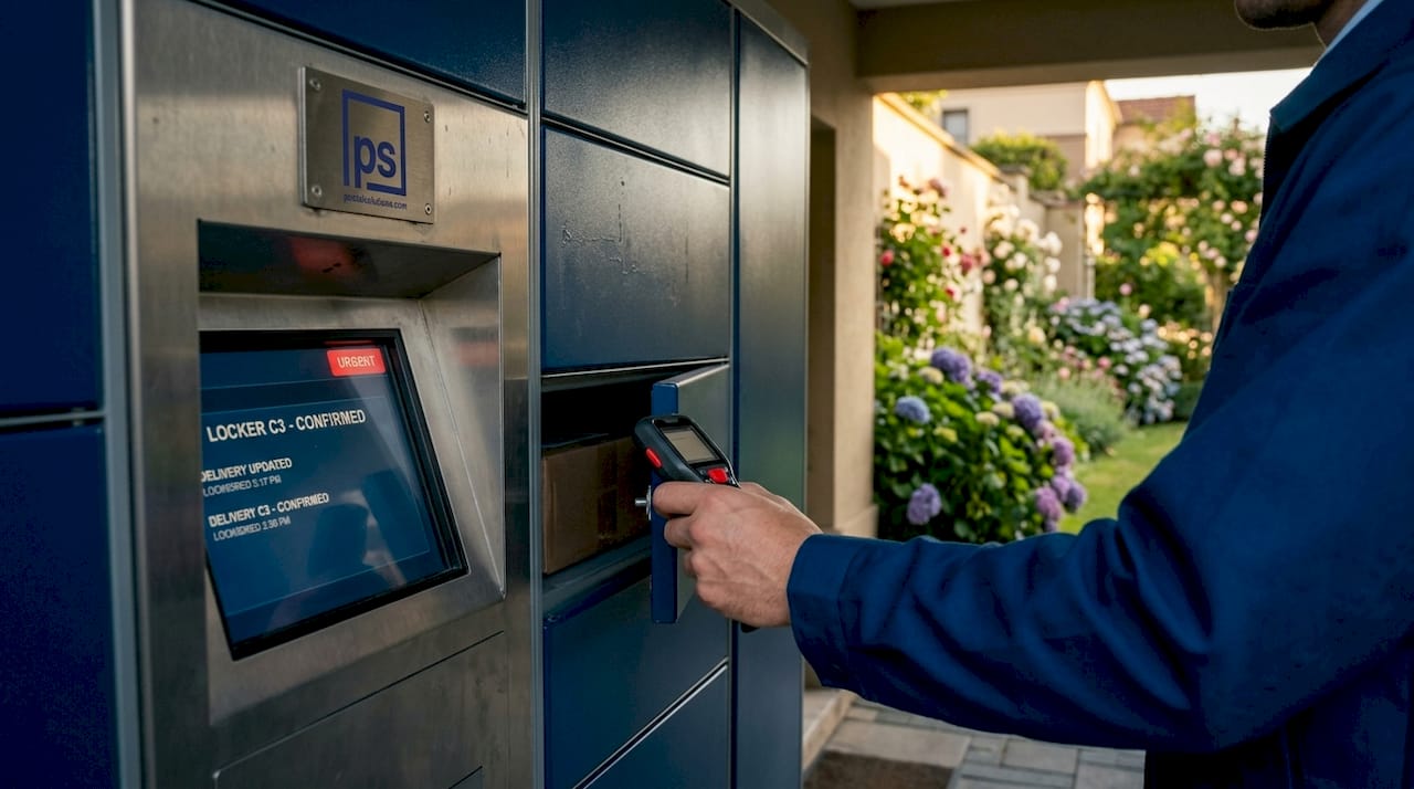 Courier placing package in smart locker