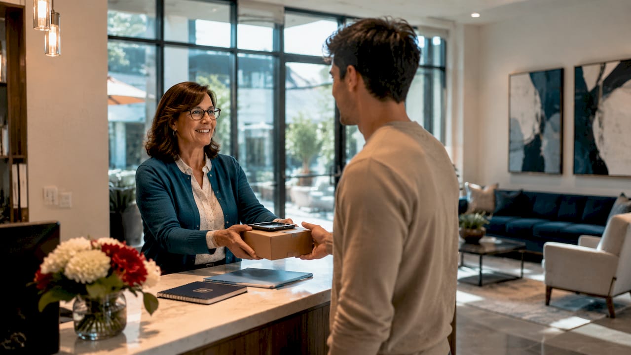 Property staff handing package to resident at lobby desk