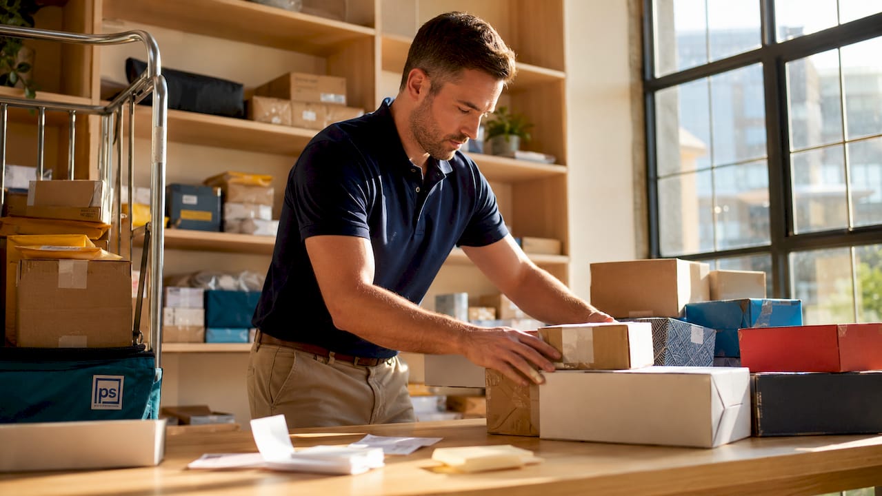 Mailroom manager sorting packages in apartment mailroom