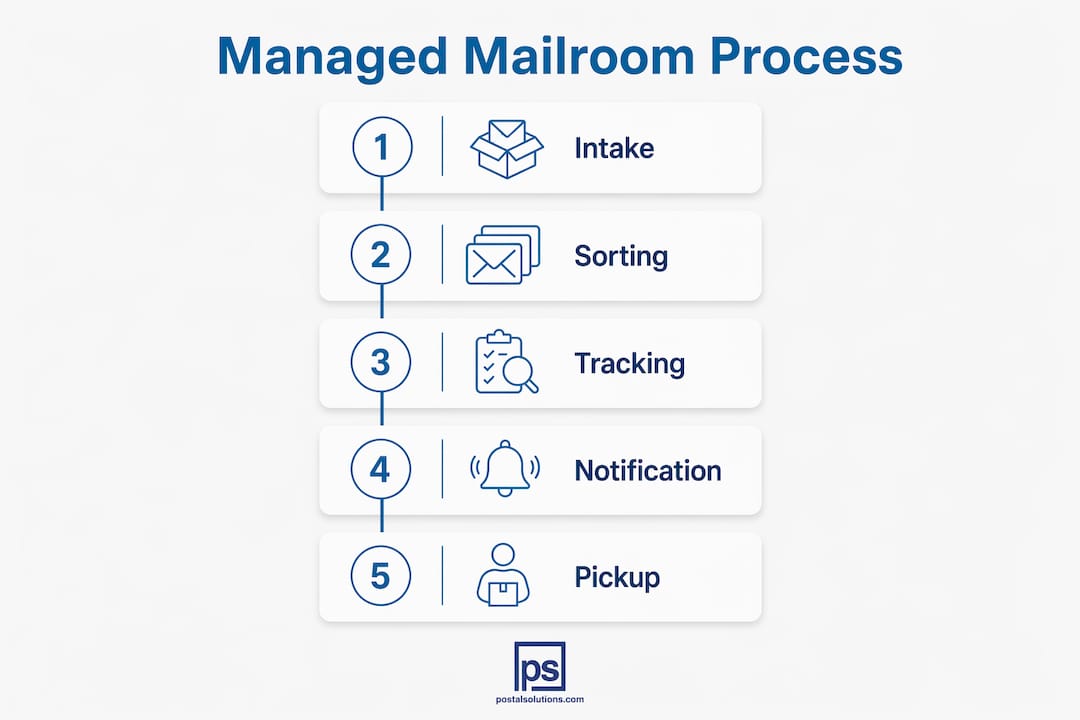 Infographic depicting managed mailroom service workflow steps