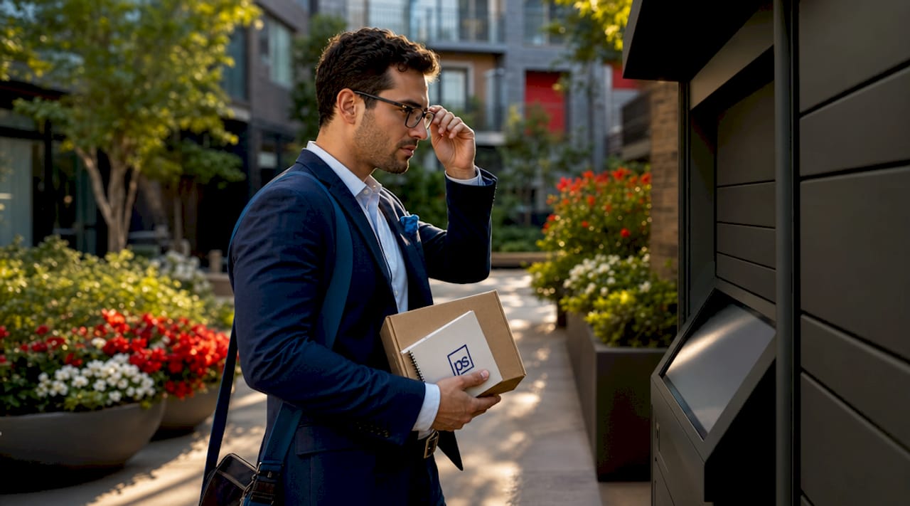 Property manager using Luxer One locker kiosk in apartment lobby