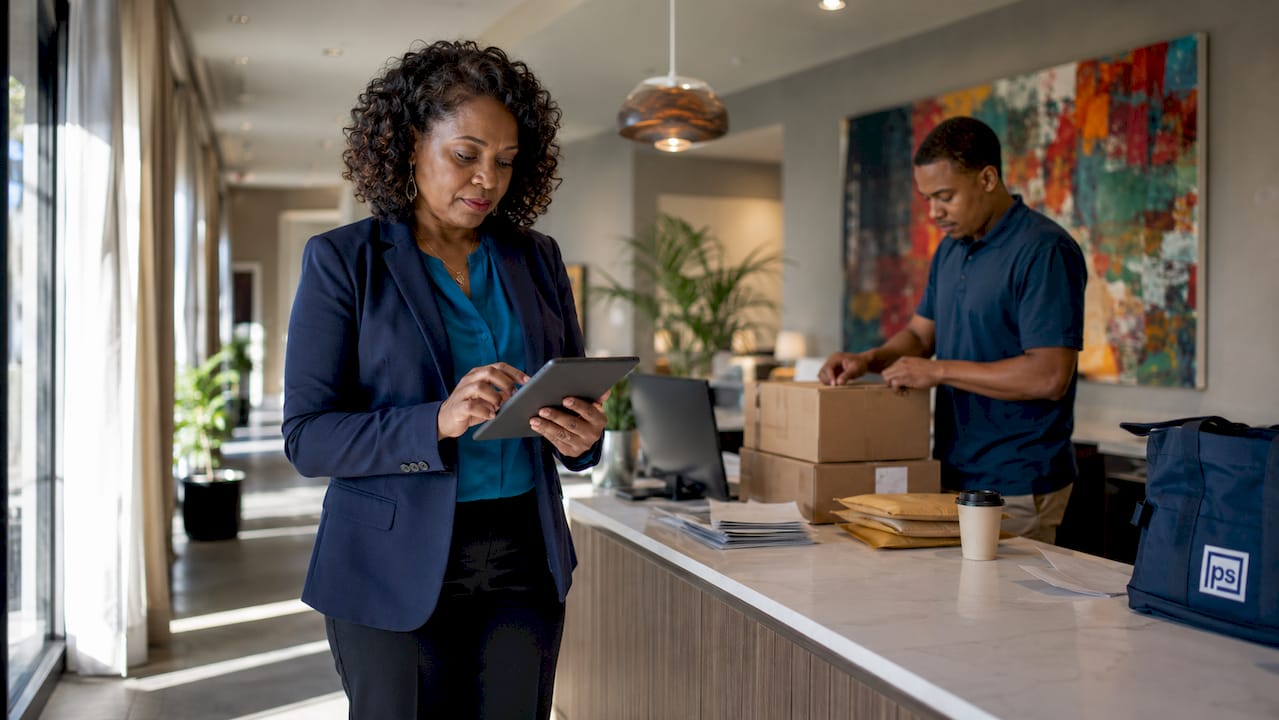 Apartment manager using tablet near parcel lockers