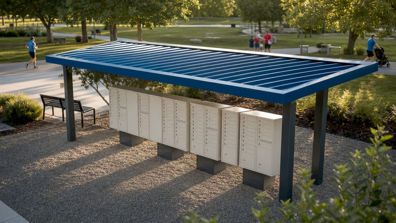 Close-up of aluminum canopy mailbox kiosk outdoors