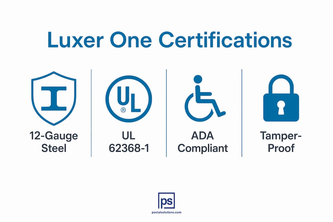 Infographic showing Luxer One hardware certifications and features