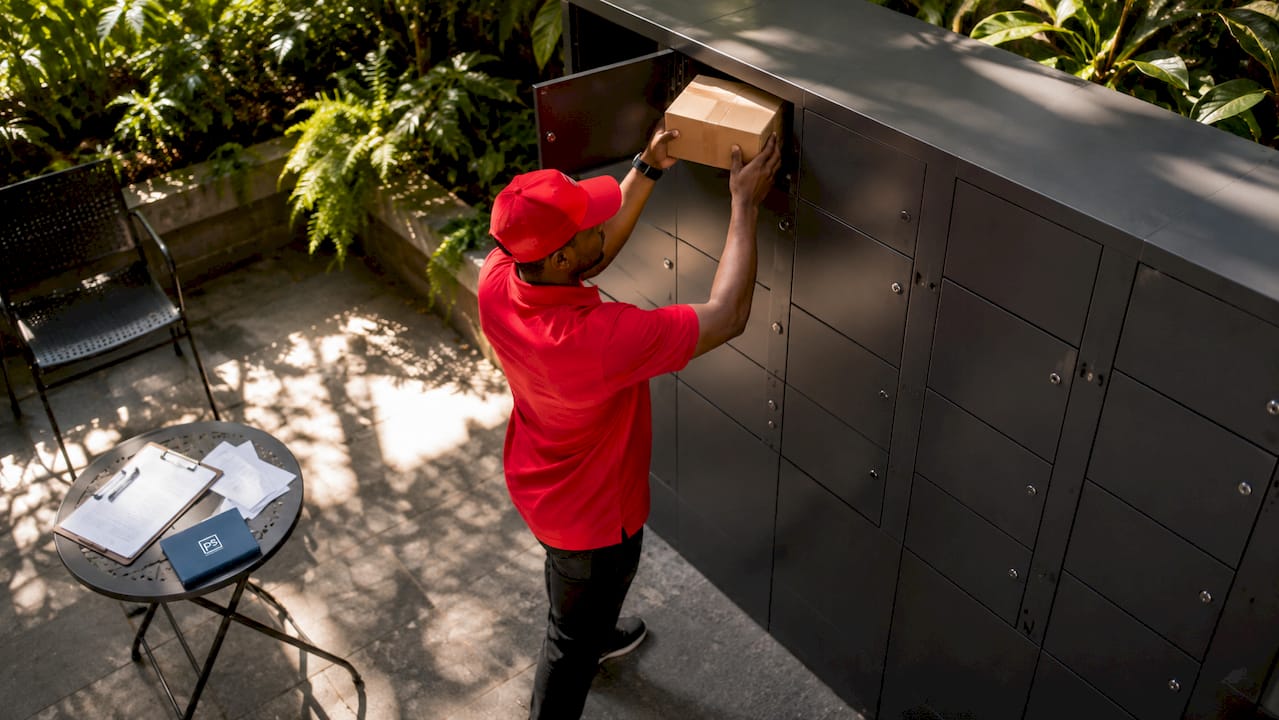 Courier depositing package into apartment locker