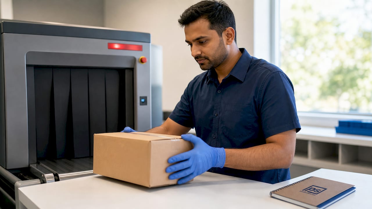 Mailroom staff using package x-ray scanner