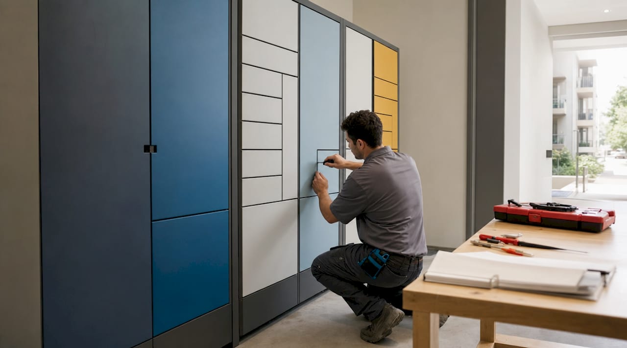 Technician installing fixed smart locker compartments