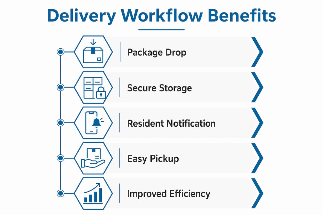 Infographic illustrating package locker system workflow benefits