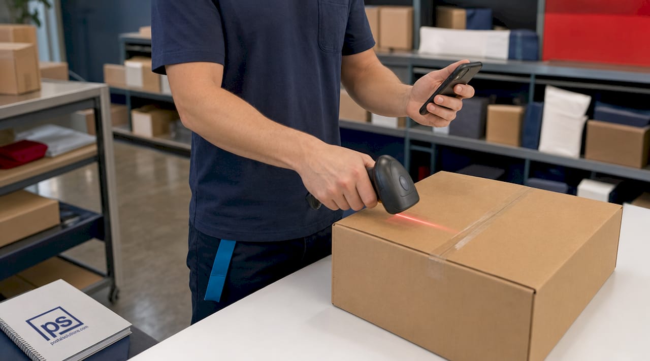 Hands scanning package barcode in mailroom