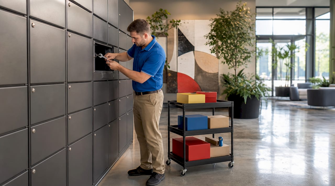 Maintenance installing smart package lockers in residential hallway