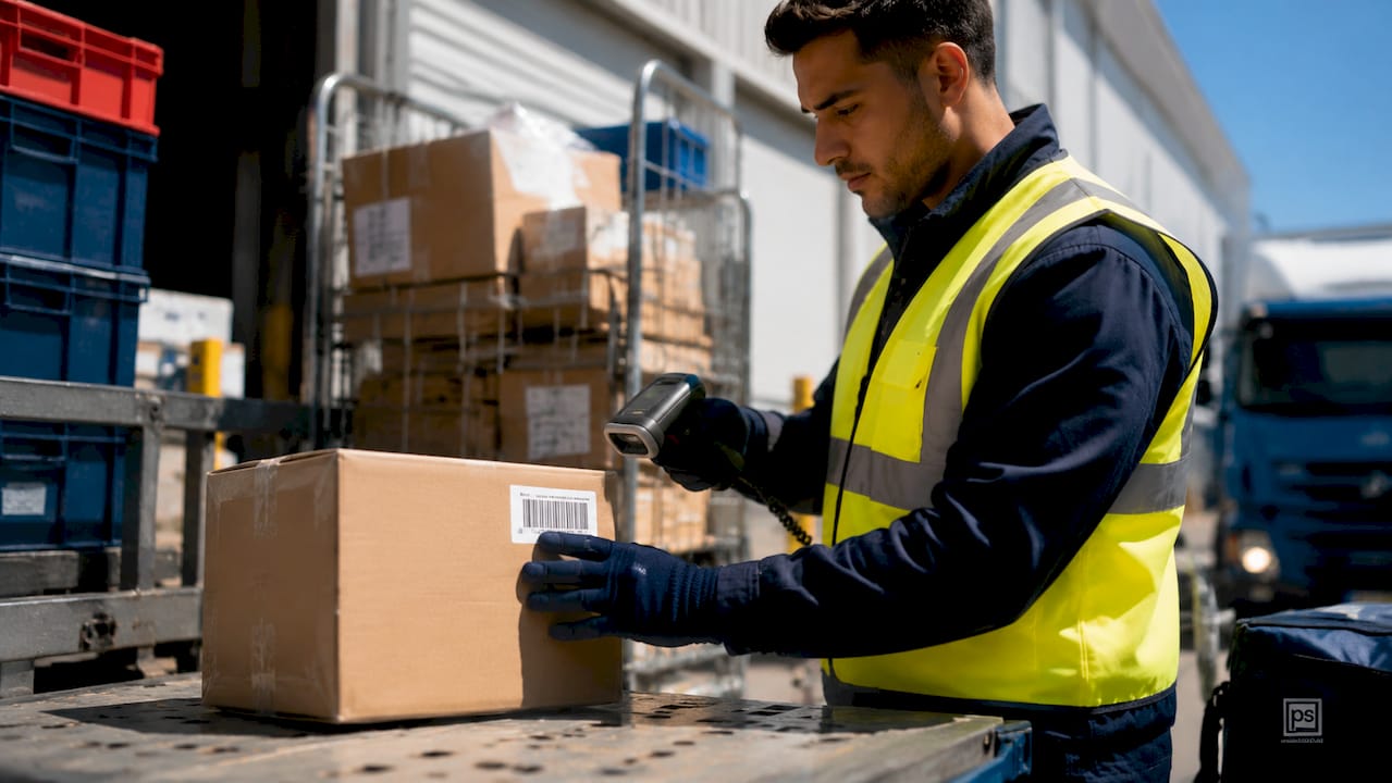 Courier scanning parcel barcode in warehouse