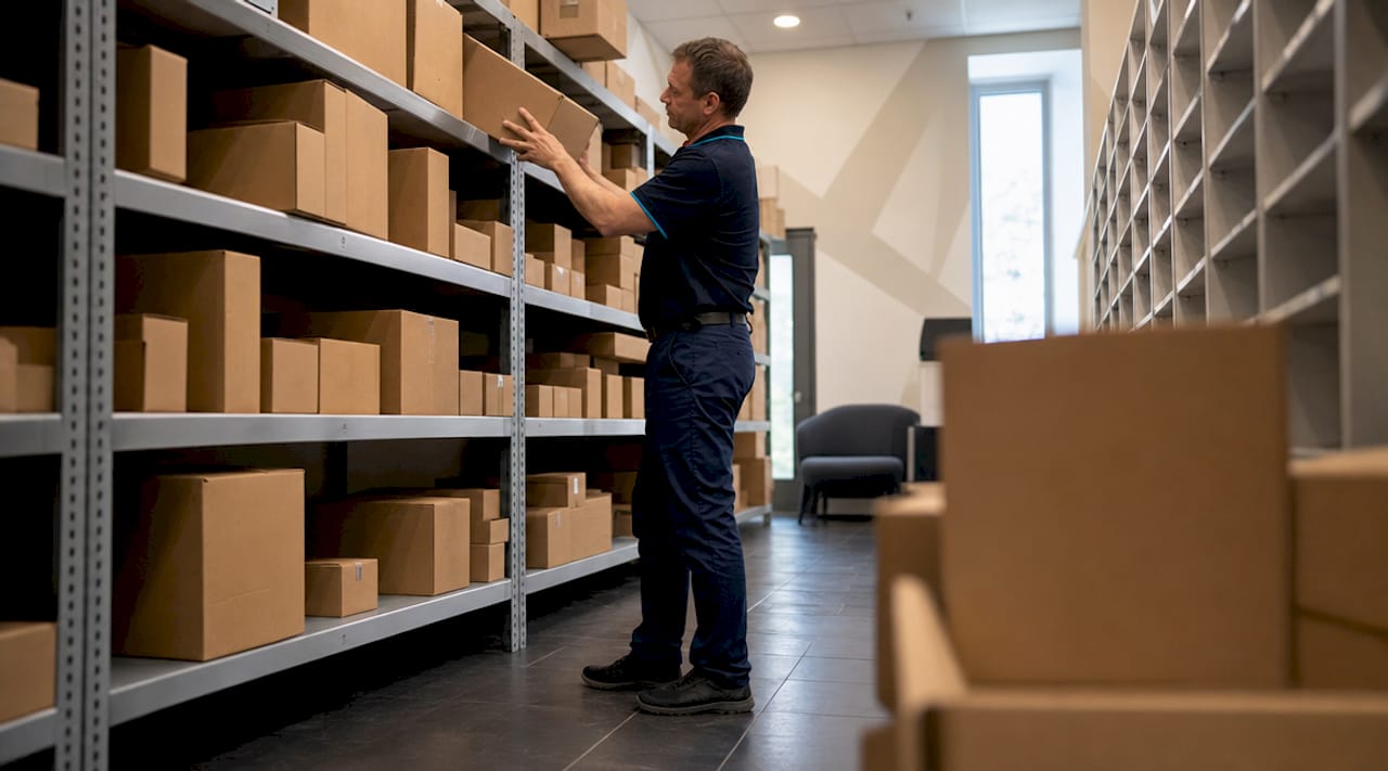 Mailroom staff arranging packages on shelves