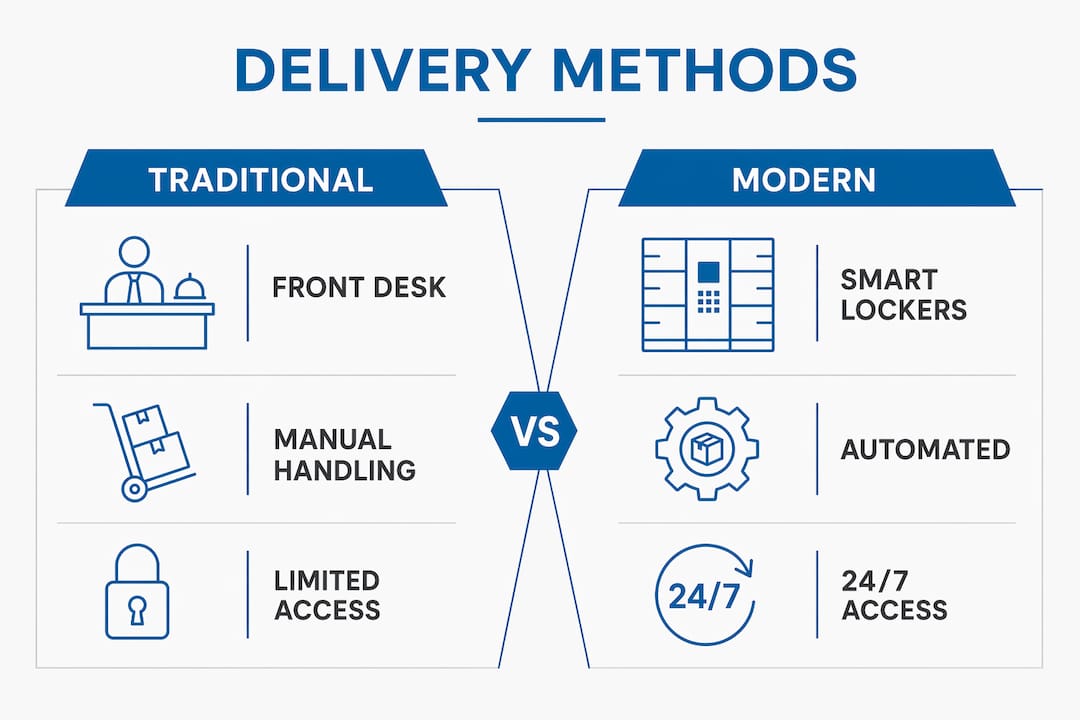 Infographic comparing traditional and modern dorm delivery methods