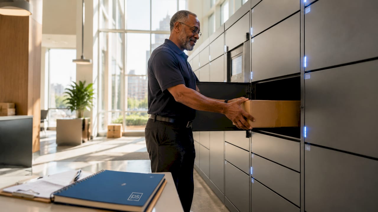 Staff member operating smart package locker system