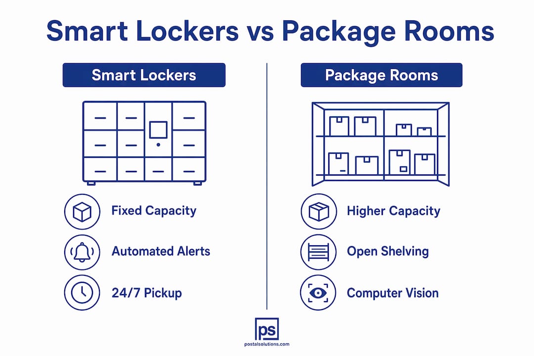 Comparison infographic of smart lockers and package rooms