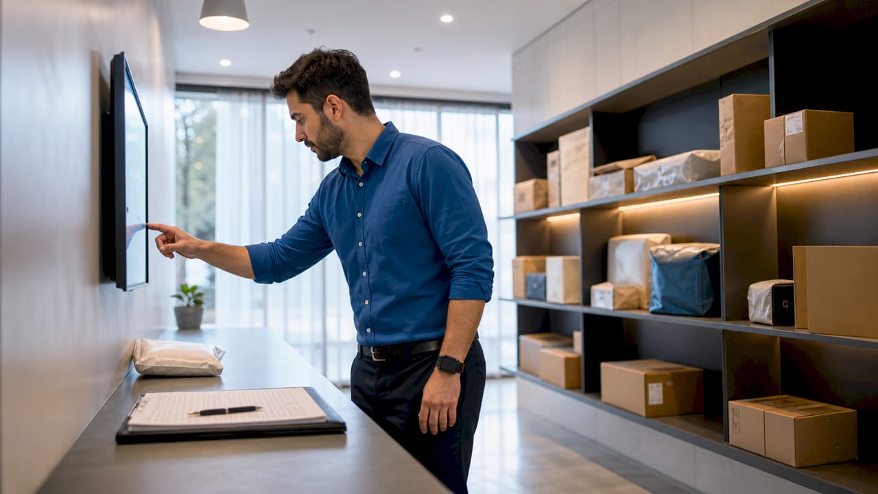 Property manager managing packages in storage room
