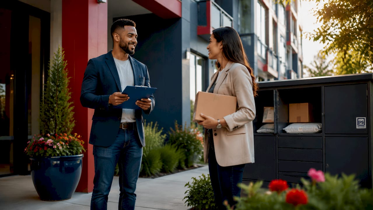 Building manager with smart lockers in apartment lobby