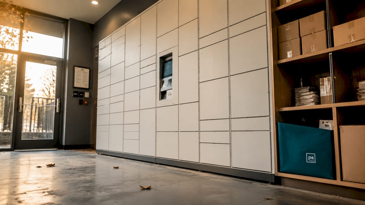 Automated smart lockers in apartment mailroom