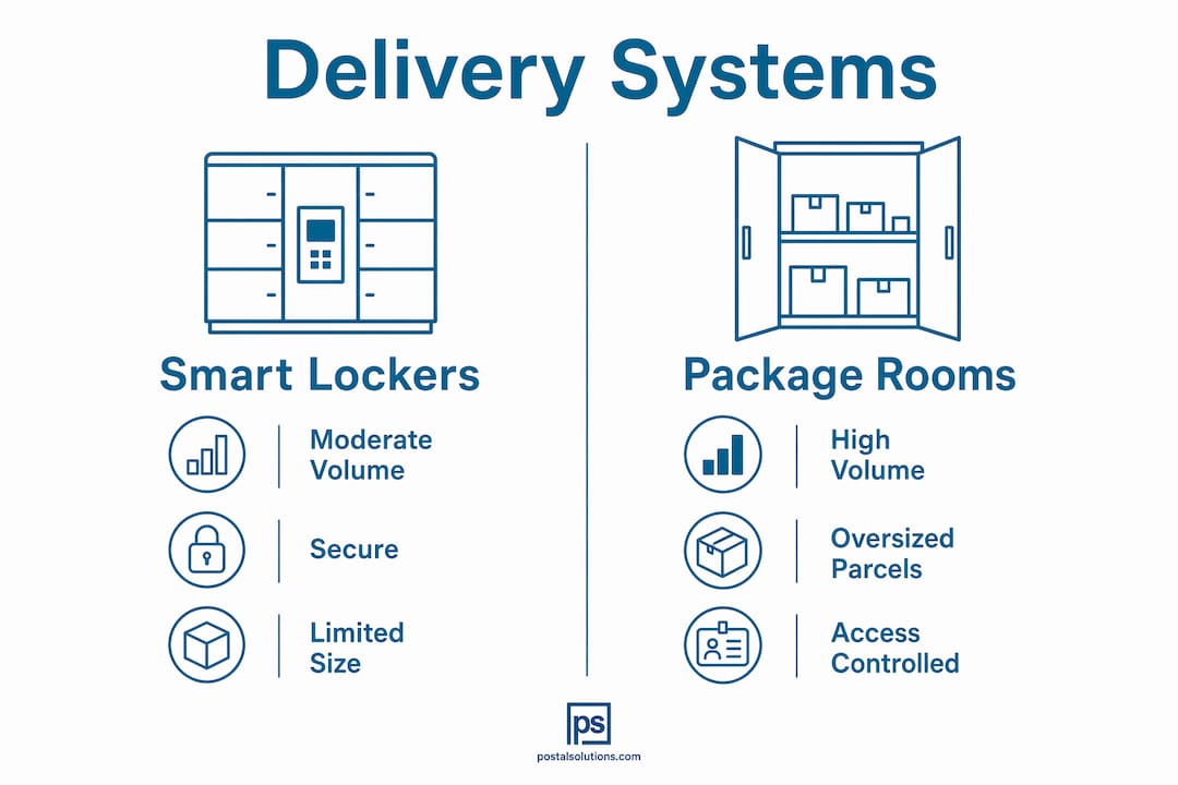 Infographic comparing smart lockers and package rooms