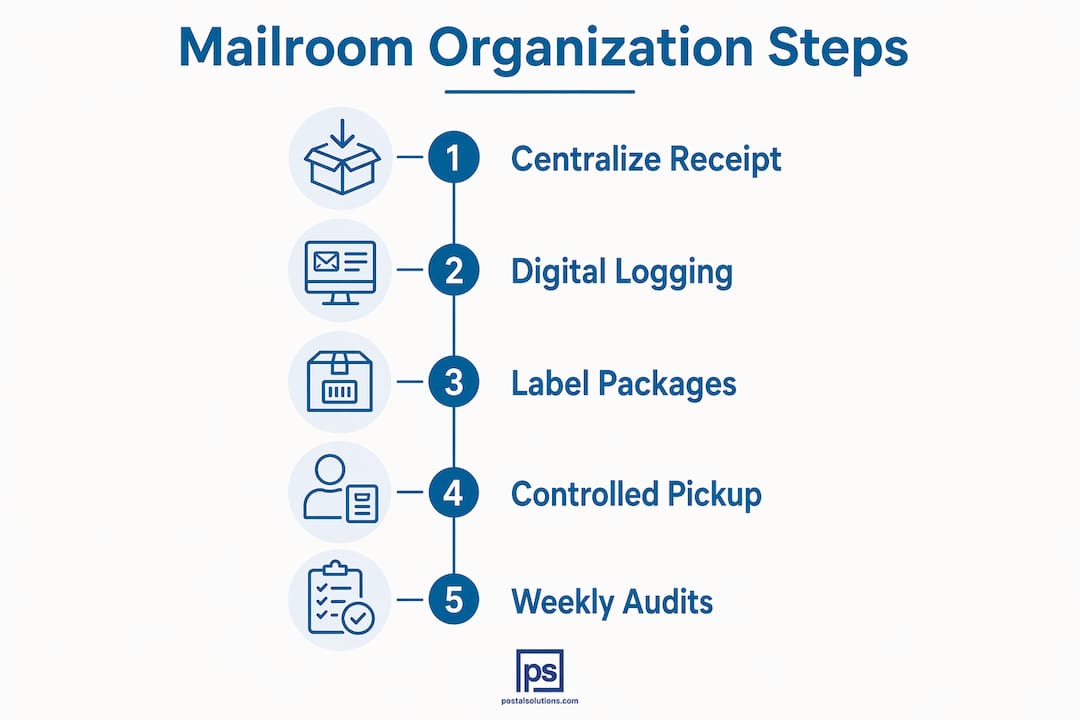Infographic showing mailroom organization steps